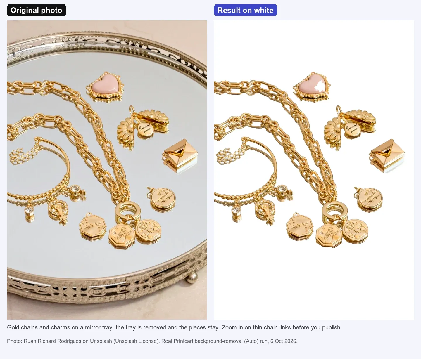Gold chains and charms on a mirror tray and the cut-out on white, with the tray removed and the pieces kept