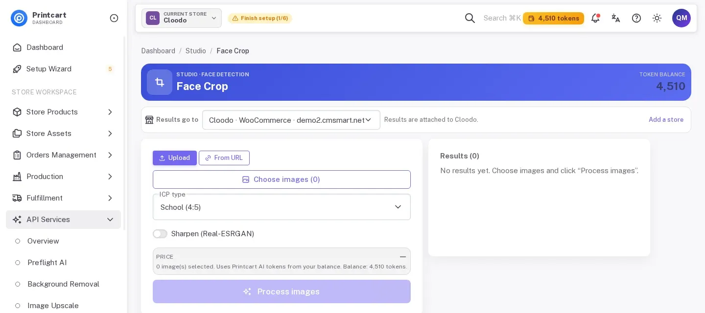 Printcart Dashboard sidebar with API Services expanded and Face Crop highlighted, next to the Face Crop page header and token balance