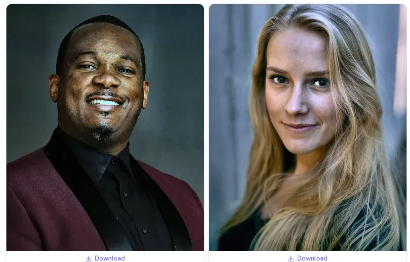 Two School 4:5 crops from Face Crop, a smiling man in a maroon jacket and a woman with long fair hair, each framed from the head to the shoulders