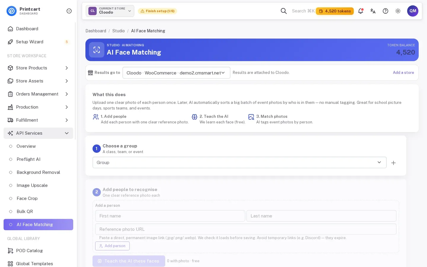 Printcart Dashboard with API Services expanded and AI Face Matching selected, showing the three steps Add people, Teach the AI and Match photos