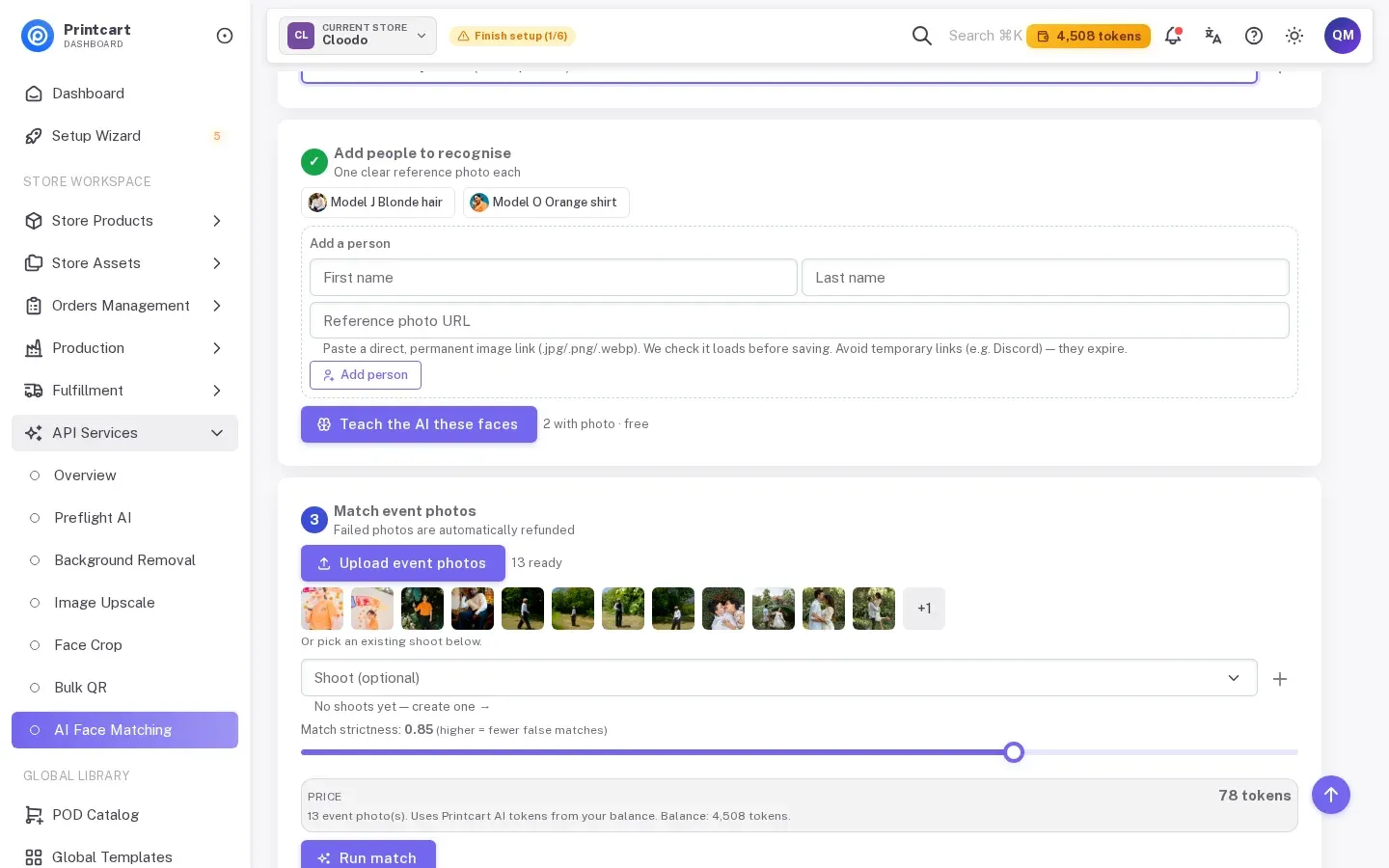 Match event photos step with 13 thumbnails uploaded, match strictness 0.85, a price of 78 tokens and the Run match button