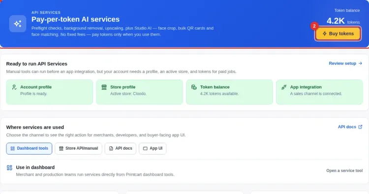 Printcart Dashboard API Services overview with token balance and AI tool cards