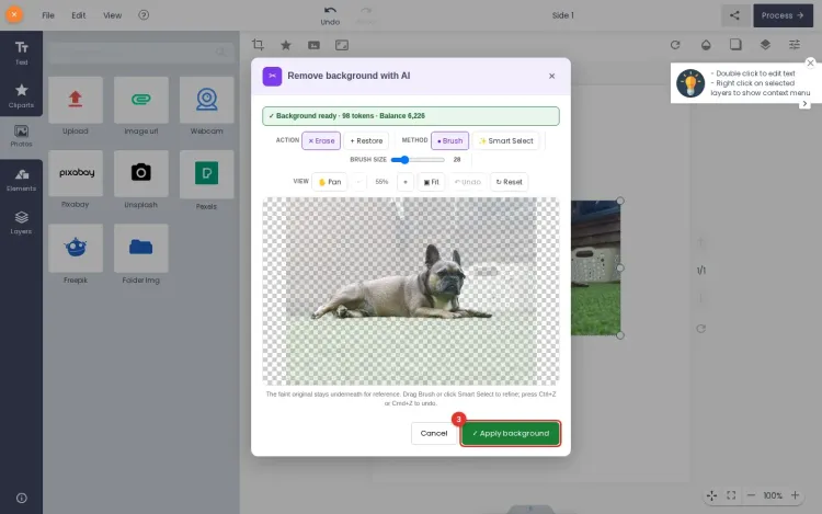Remove background result in the designer showing the dog on a checkerboard, the cost line, and the Apply background button marked 3
