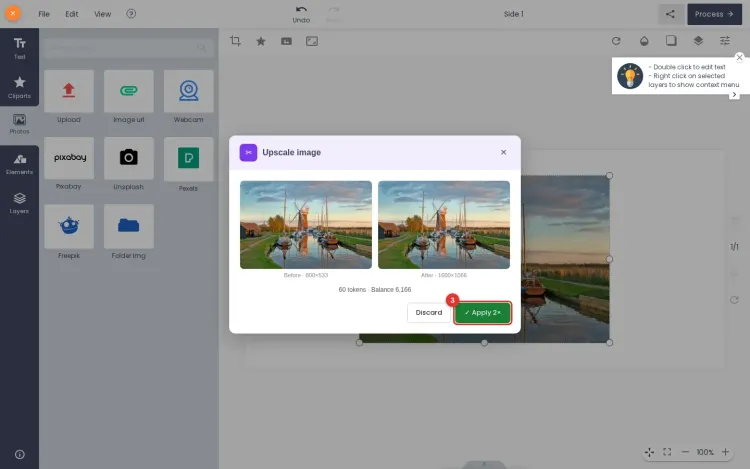 Upscale result window showing the photo before at 800 x 533 and after at 1600 x 1066, the cost line, and the Apply 2x button marked 3