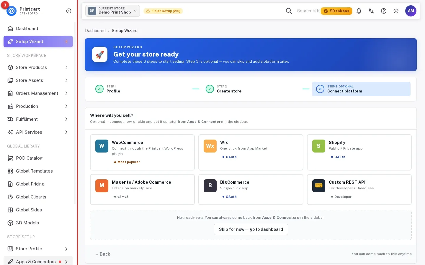 Setup Wizard step 3 with the WooCommerce, Wix and Shopify cards highlighted