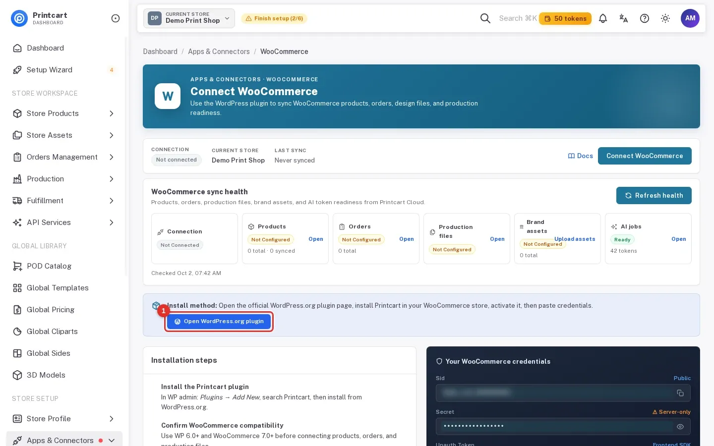Connect WooCommerce page with the Open WordPress.org plugin button highlighted