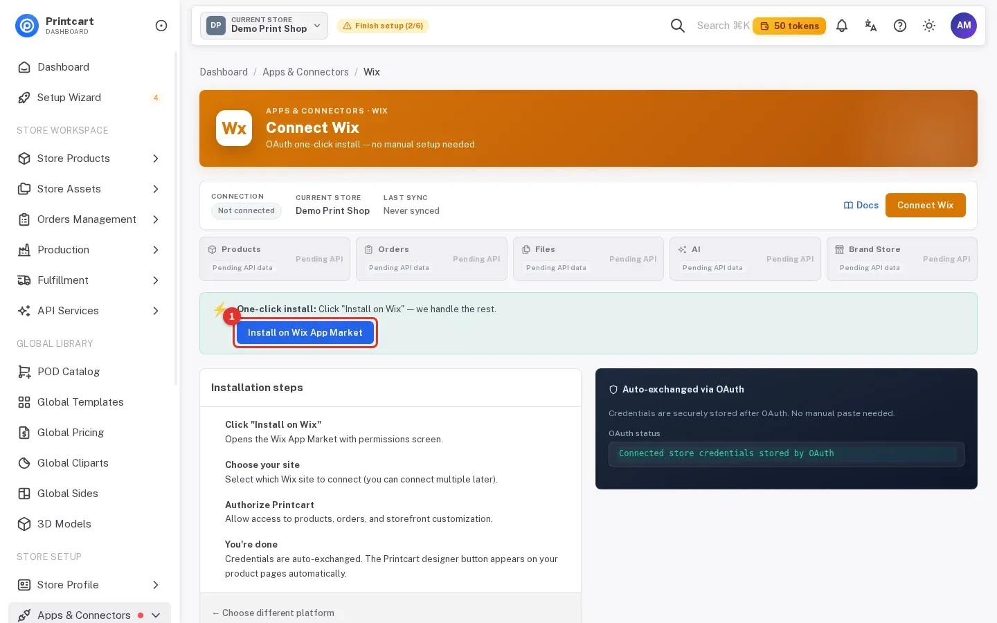 Connect Wix page with the Install on Wix App Market button highlighted