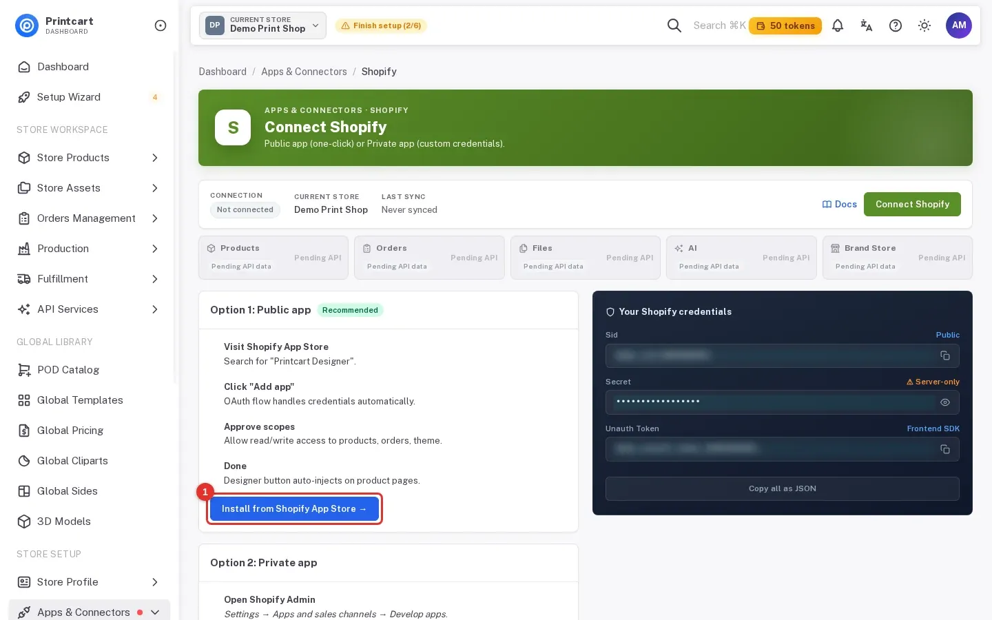 Connect Shopify page with the Install from Shopify App Store button highlighted
