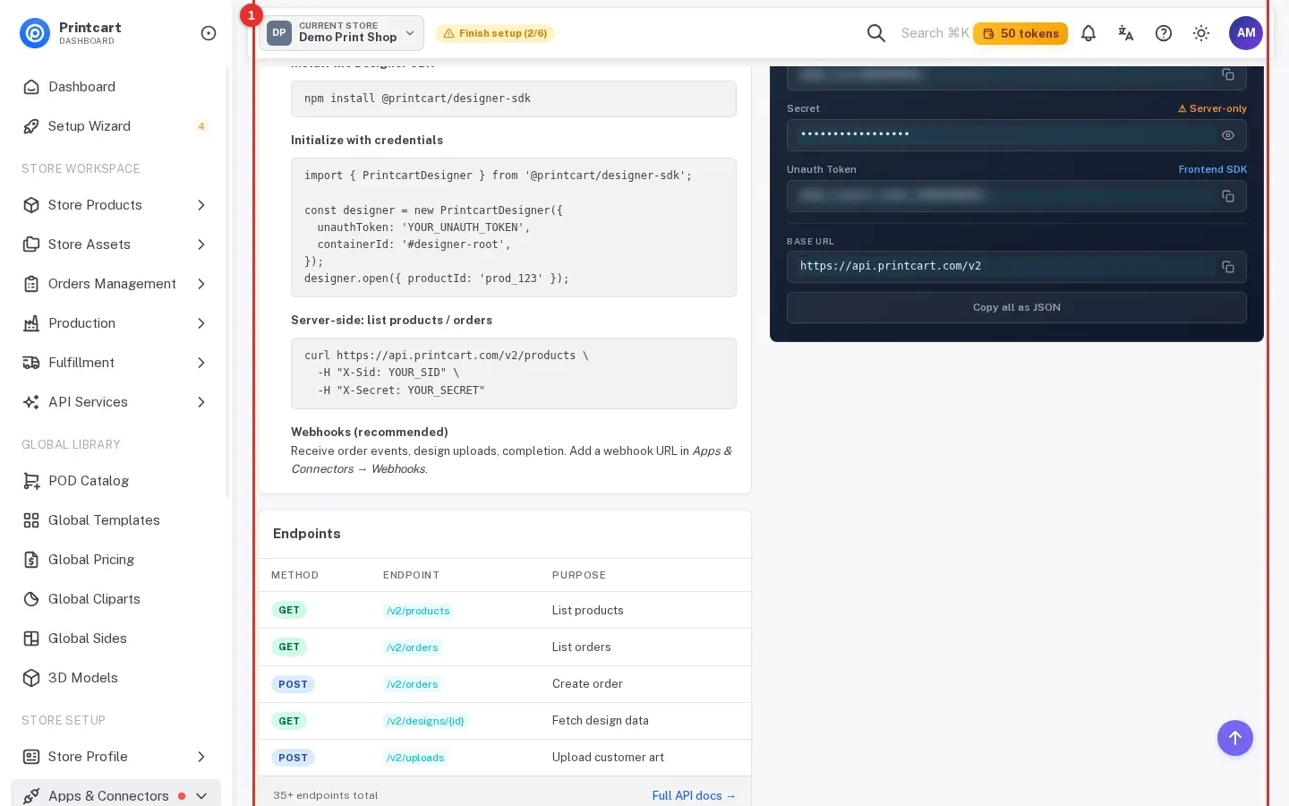 Custom REST API page with the API credentials box highlighted and the values hidden