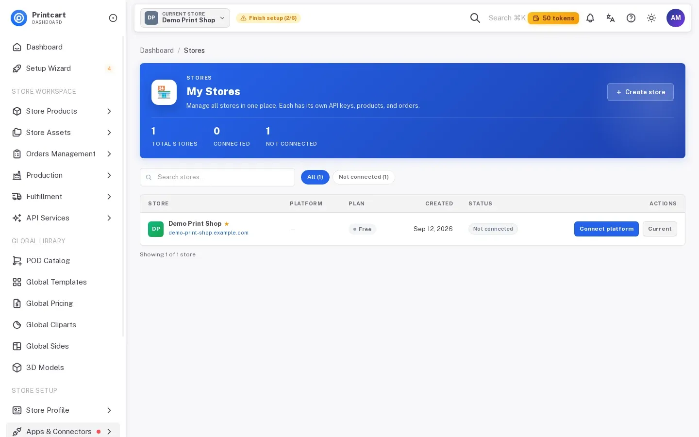My Stores list where the store shows Not connected and a Connect platform button