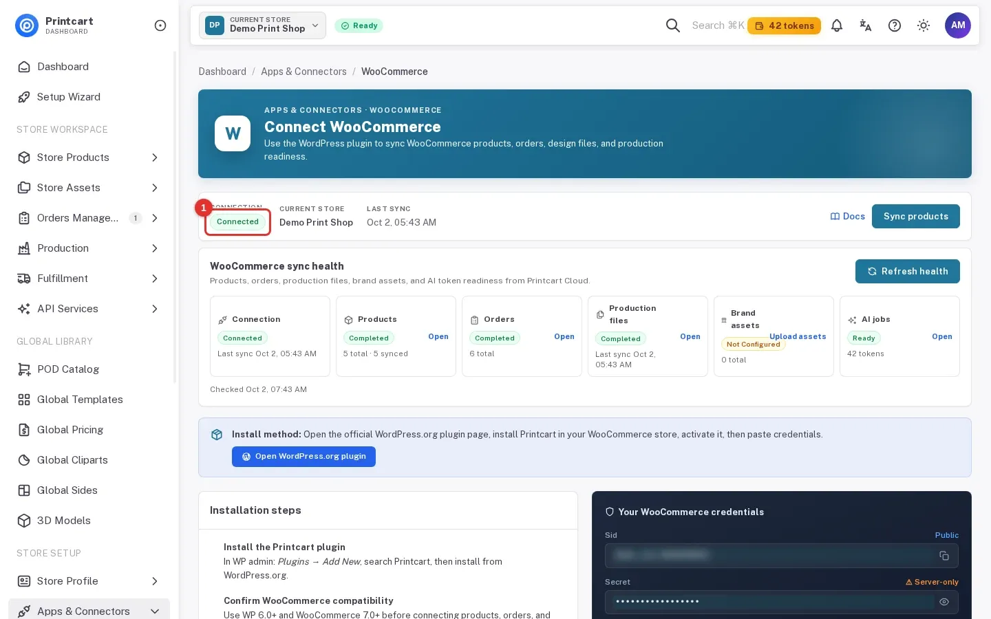 Connect WooCommerce page after connecting, with the Connected badge highlighted and the sync health cards
