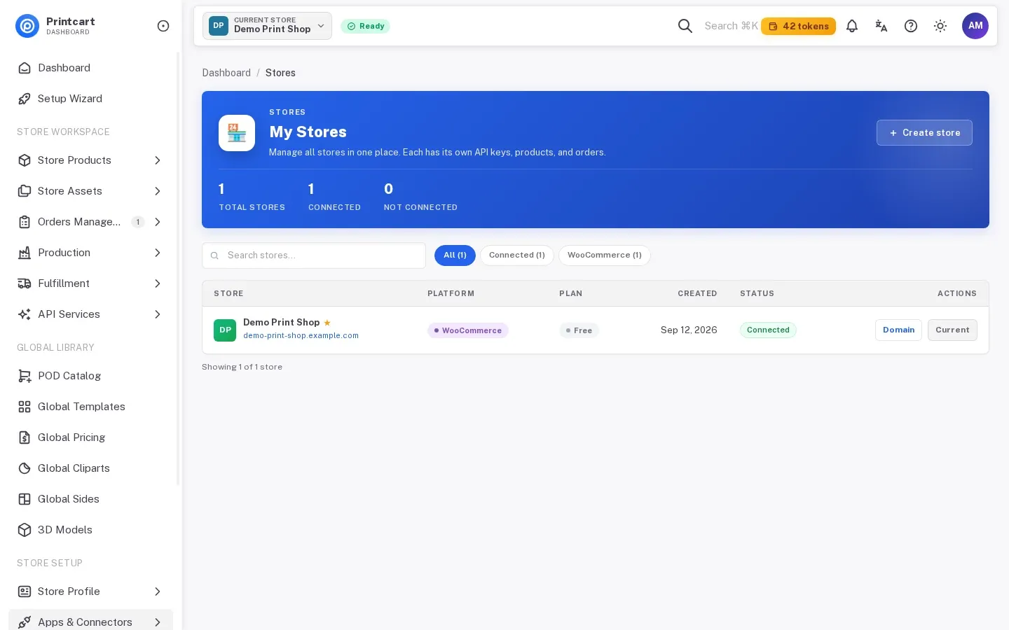 My Stores list where the store shows WooCommerce and Connected