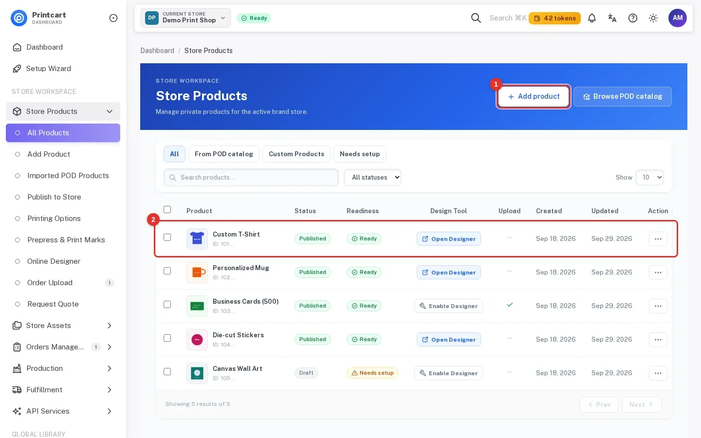 Store Products list with the Add product button and the first product row highlighted
