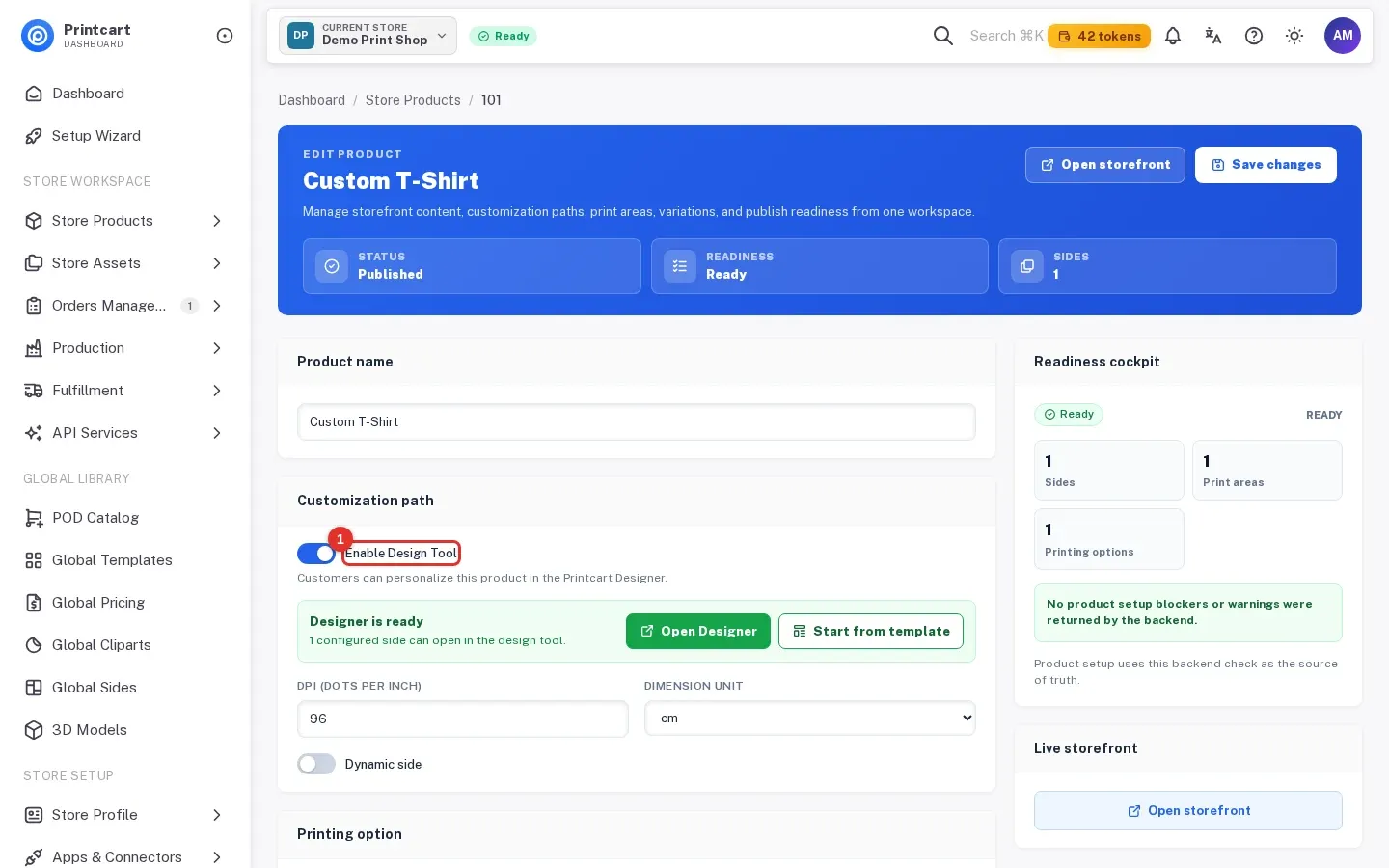 Product page with the Enable Design Tool switch highlighted