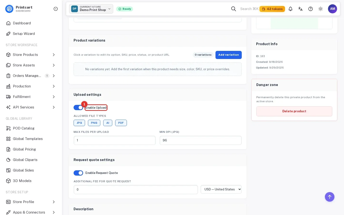 Product page with the Enable Upload switch highlighted in the Upload settings box