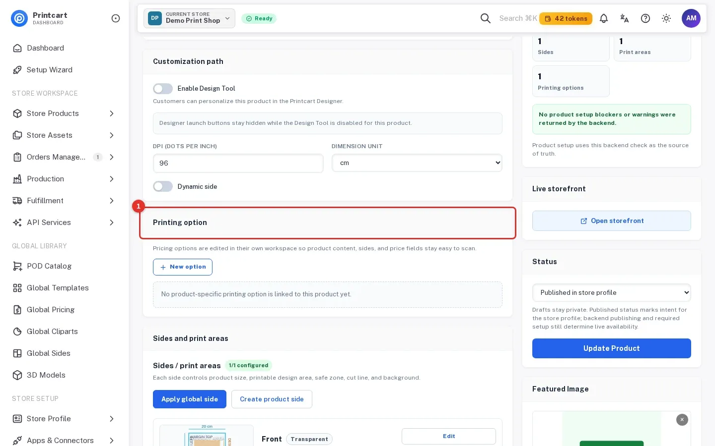 Printing option section of a product with the New option button