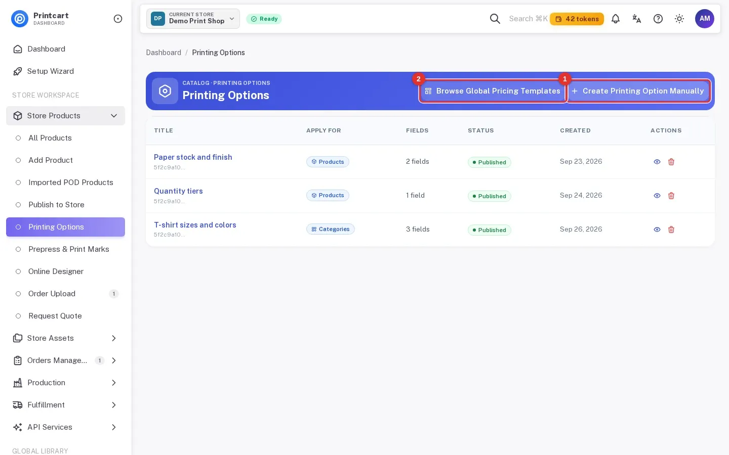 Printing Options page with the Create Printing Option Manually and Browse Global Pricing Templates buttons highlighted