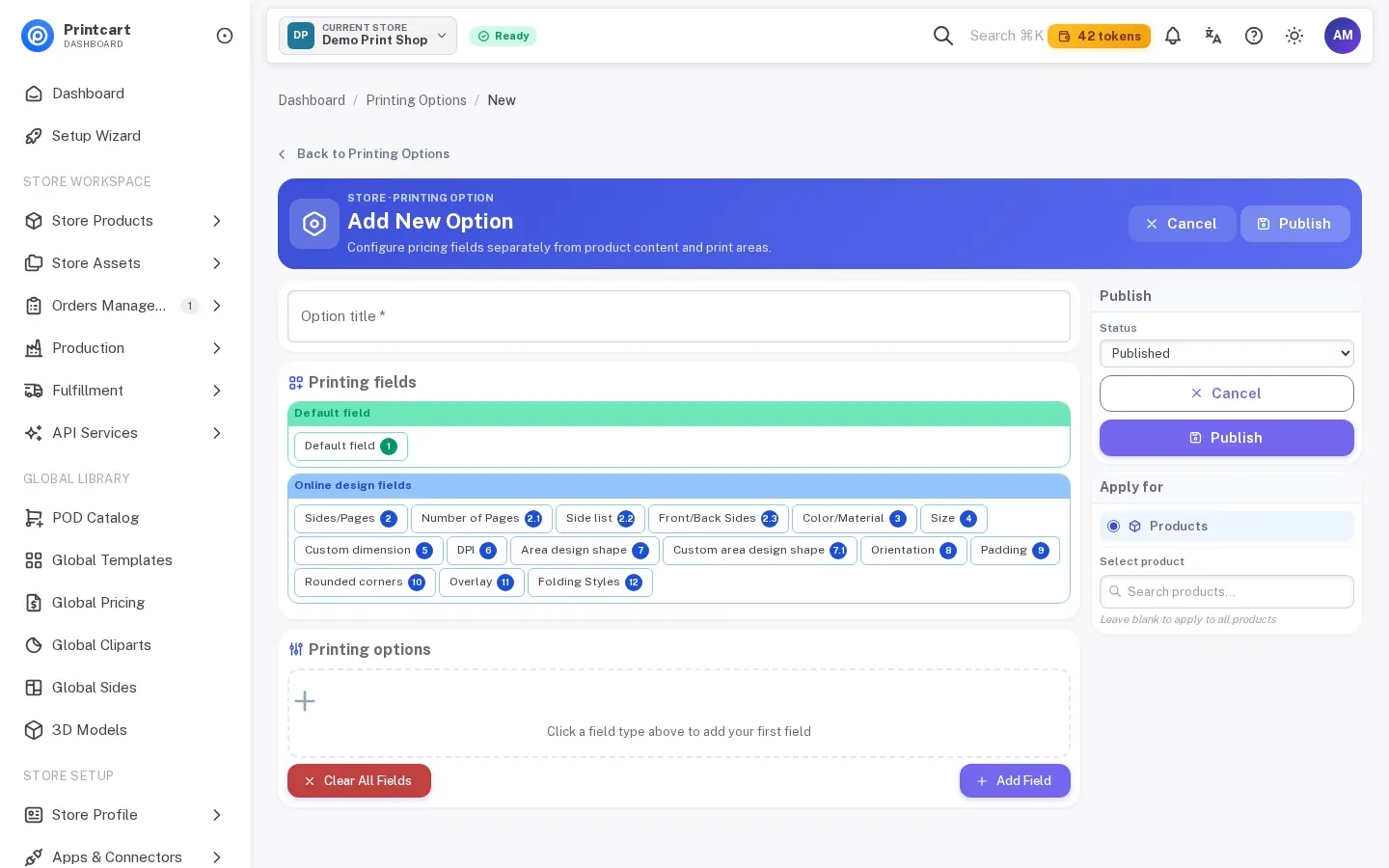 Add New Option form with the printing option fields