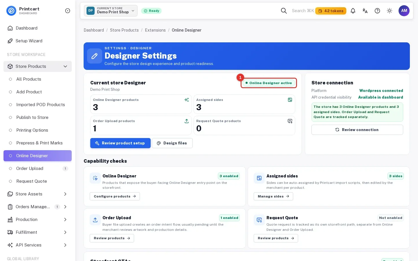 Designer Settings page showing Online Designer active and the capability checks
