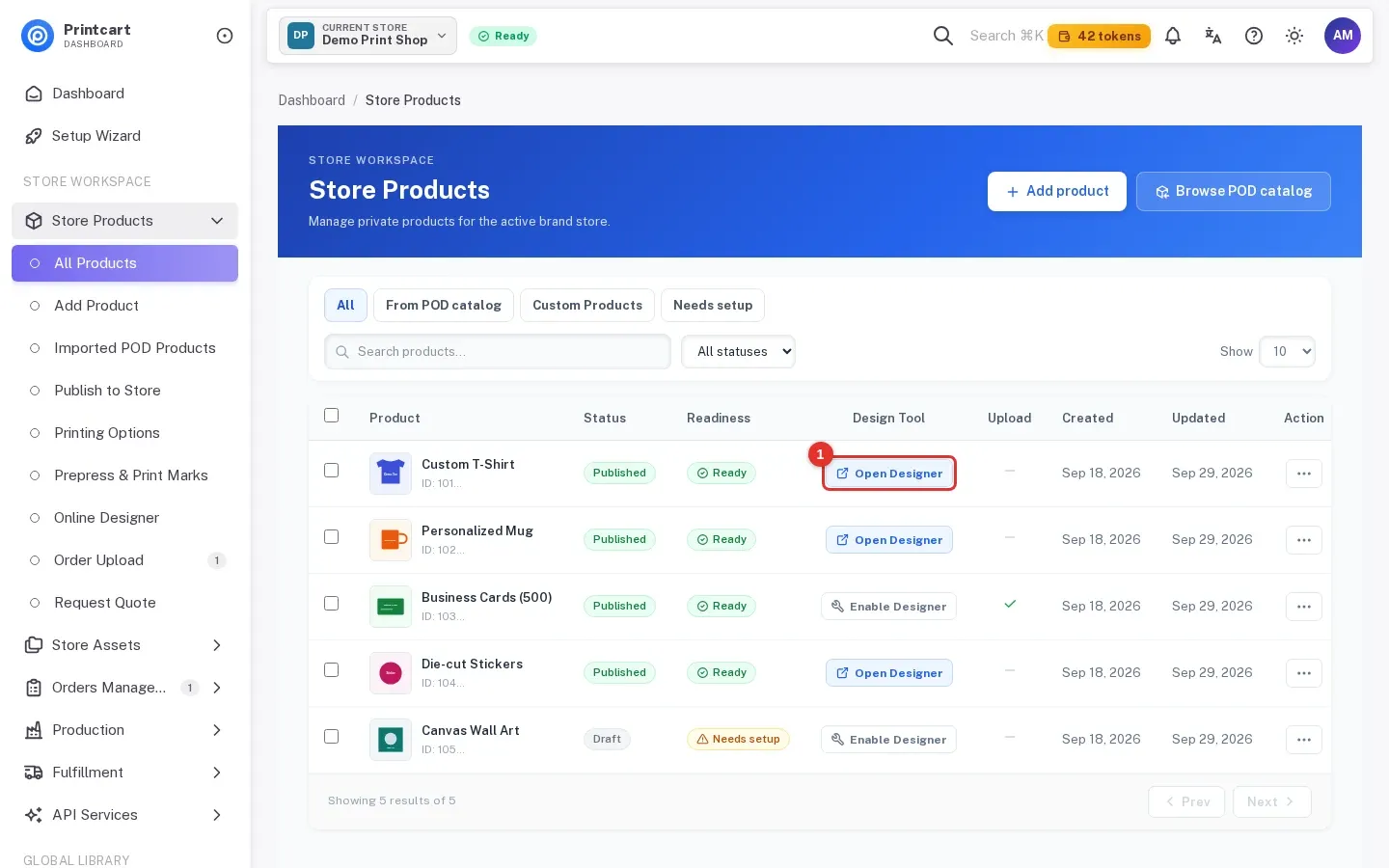 Store Products list with the Open Designer button highlighted