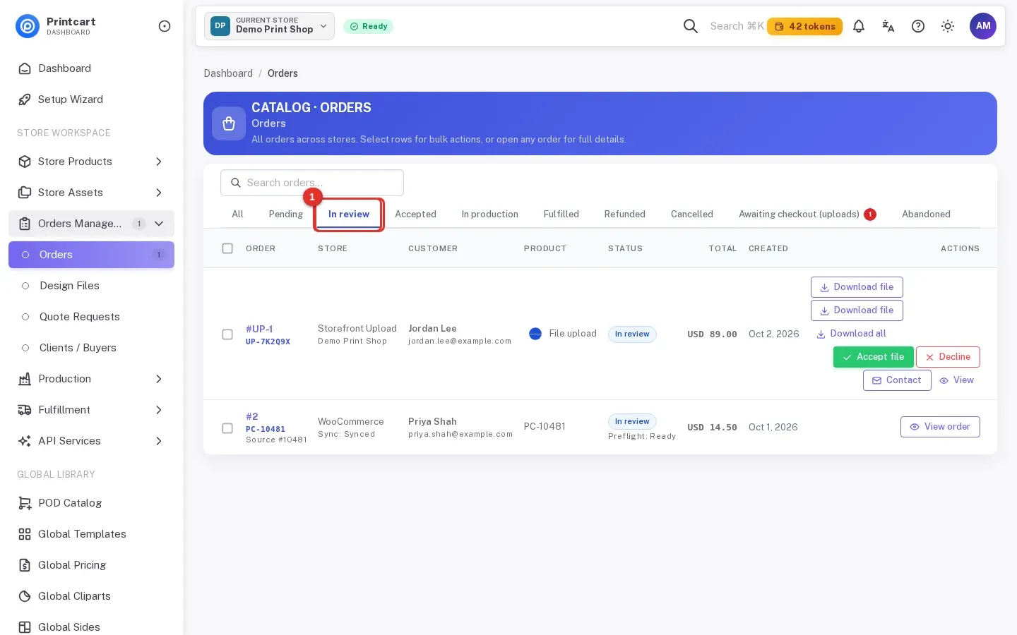 Orders list filtered by the In review tab