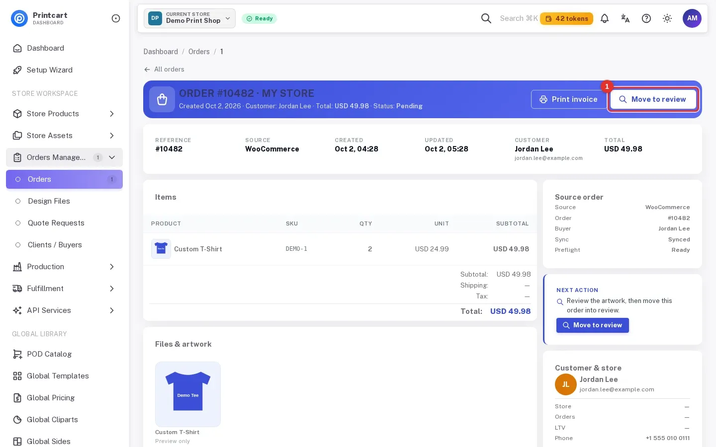 Order detail page with the Move to review button highlighted in the header