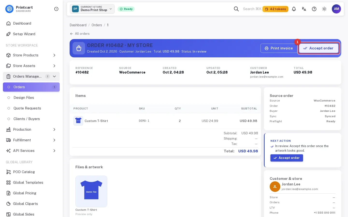 Order in review with the Accept order button highlighted