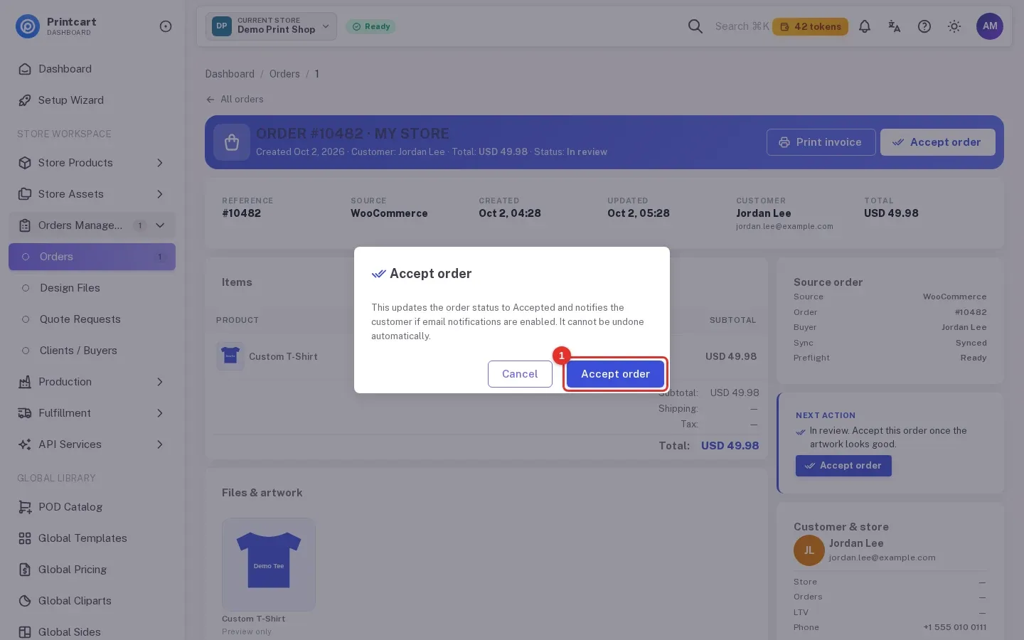 Accept order confirmation dialog with the Accept order button highlighted