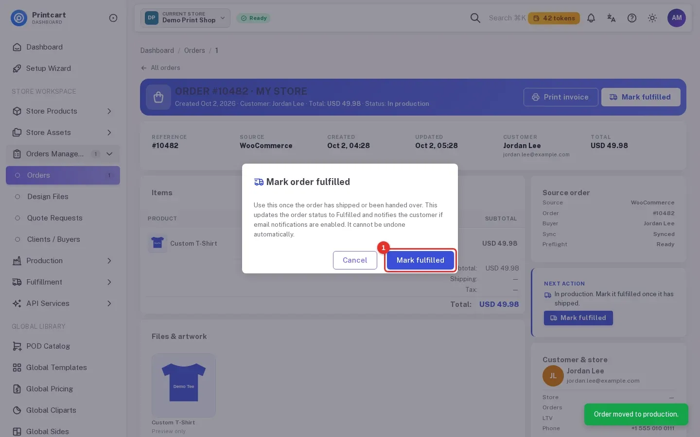 Mark order fulfilled confirmation dialog with the Mark fulfilled button highlighted