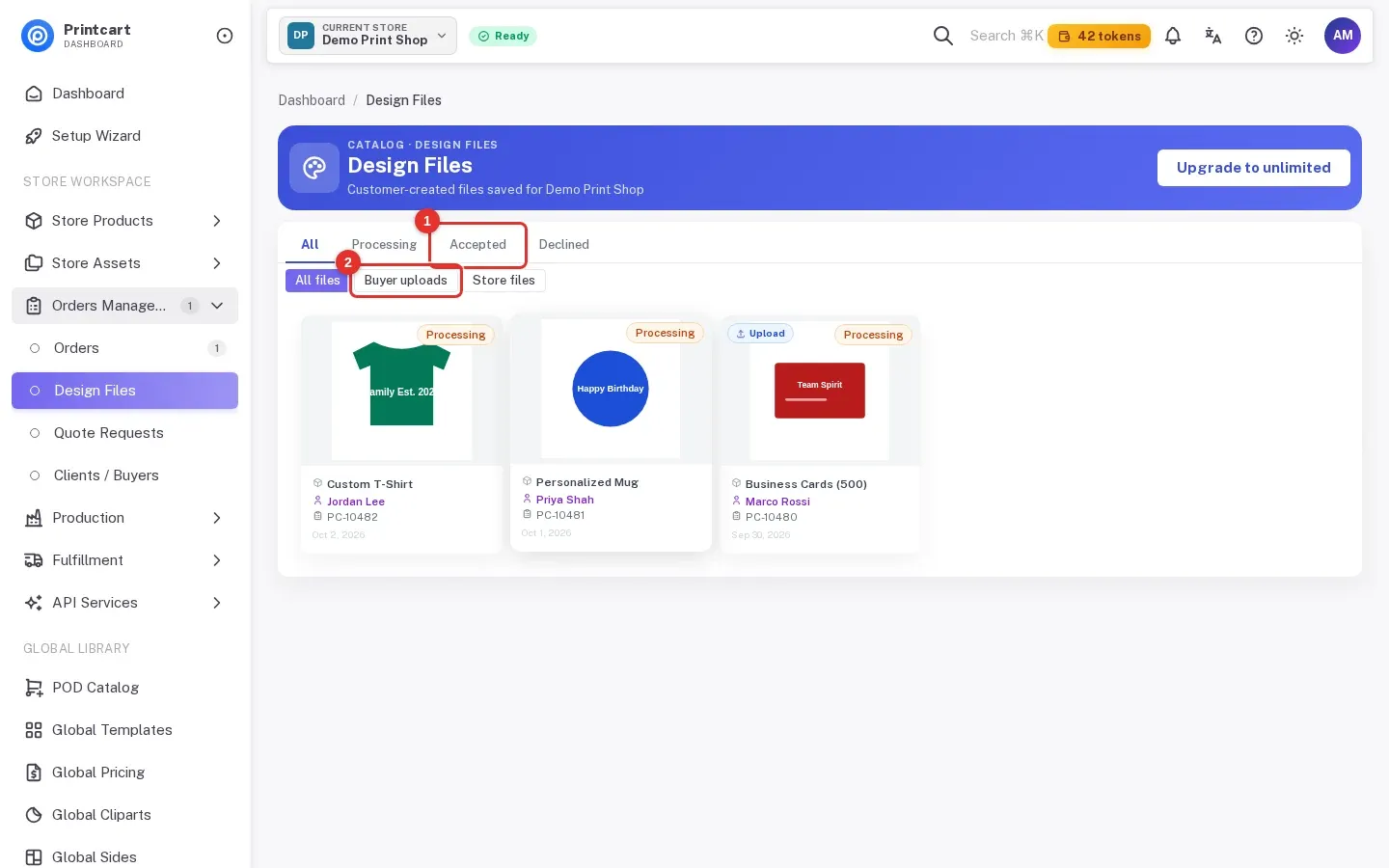 Design Files list with the Accepted tab and the Buyer uploads filter highlighted