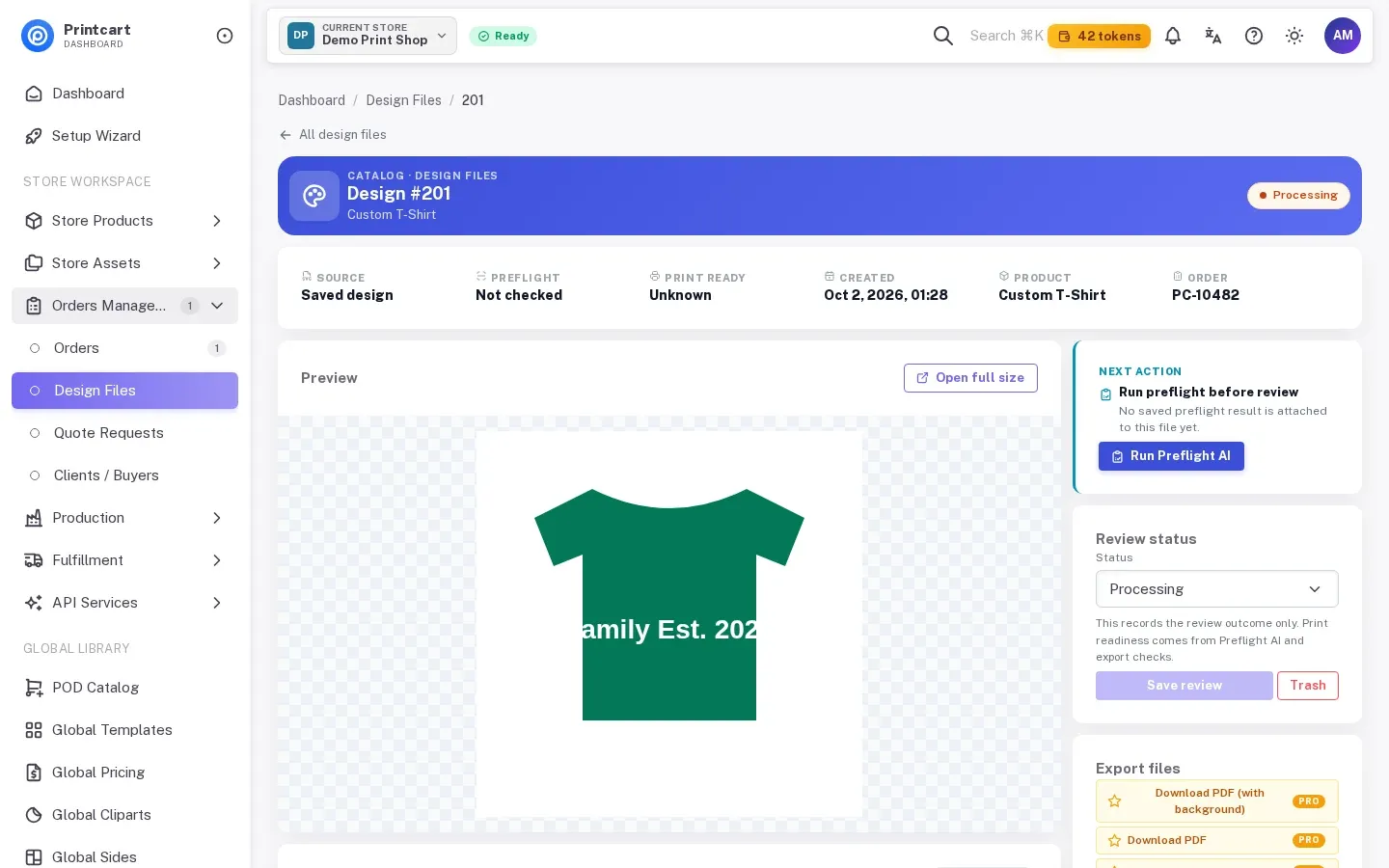 Design file page with the preview, preflight card and review status