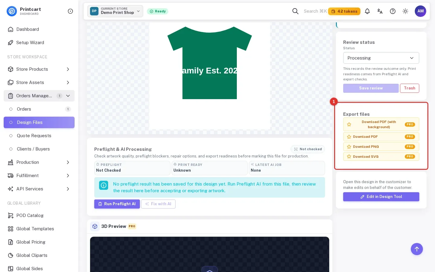 Export files card on a design file with the PDF, PNG and SVG downloads marked PRO