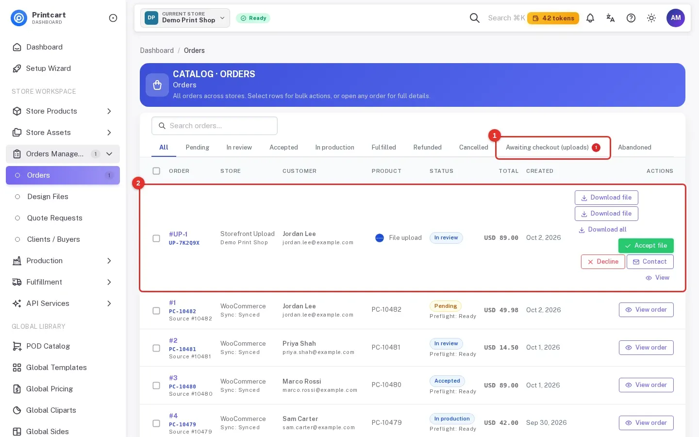 Orders list with the Awaiting checkout (uploads) tab and a storefront upload row highlighted