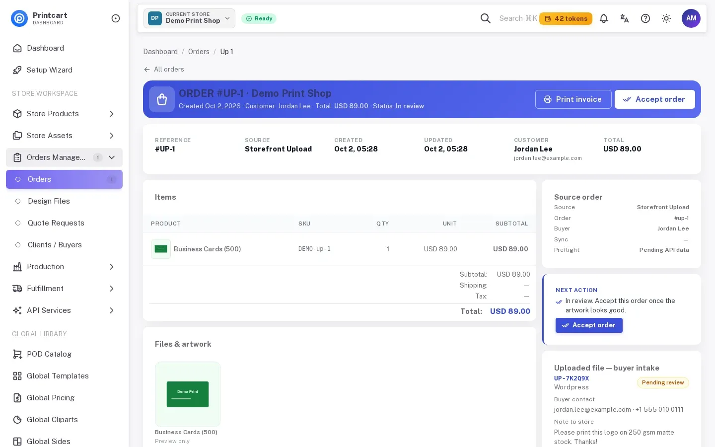 Order detail page for an uploaded file with the Print invoice and Accept order buttons in the header