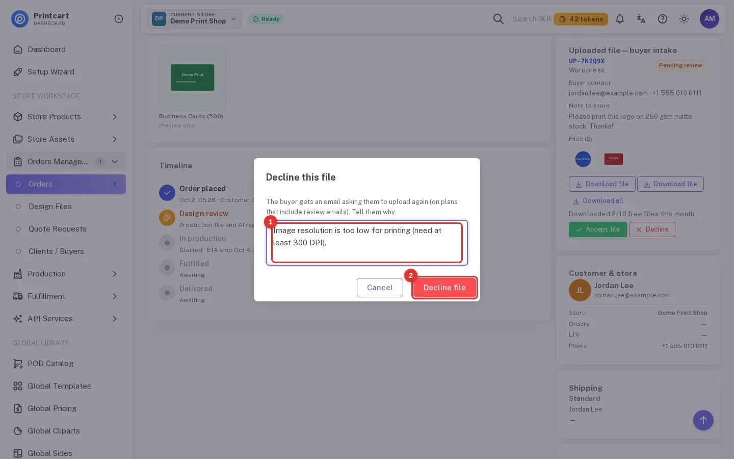 Decline this file dialog with a reason typed in and the Decline file button highlighted