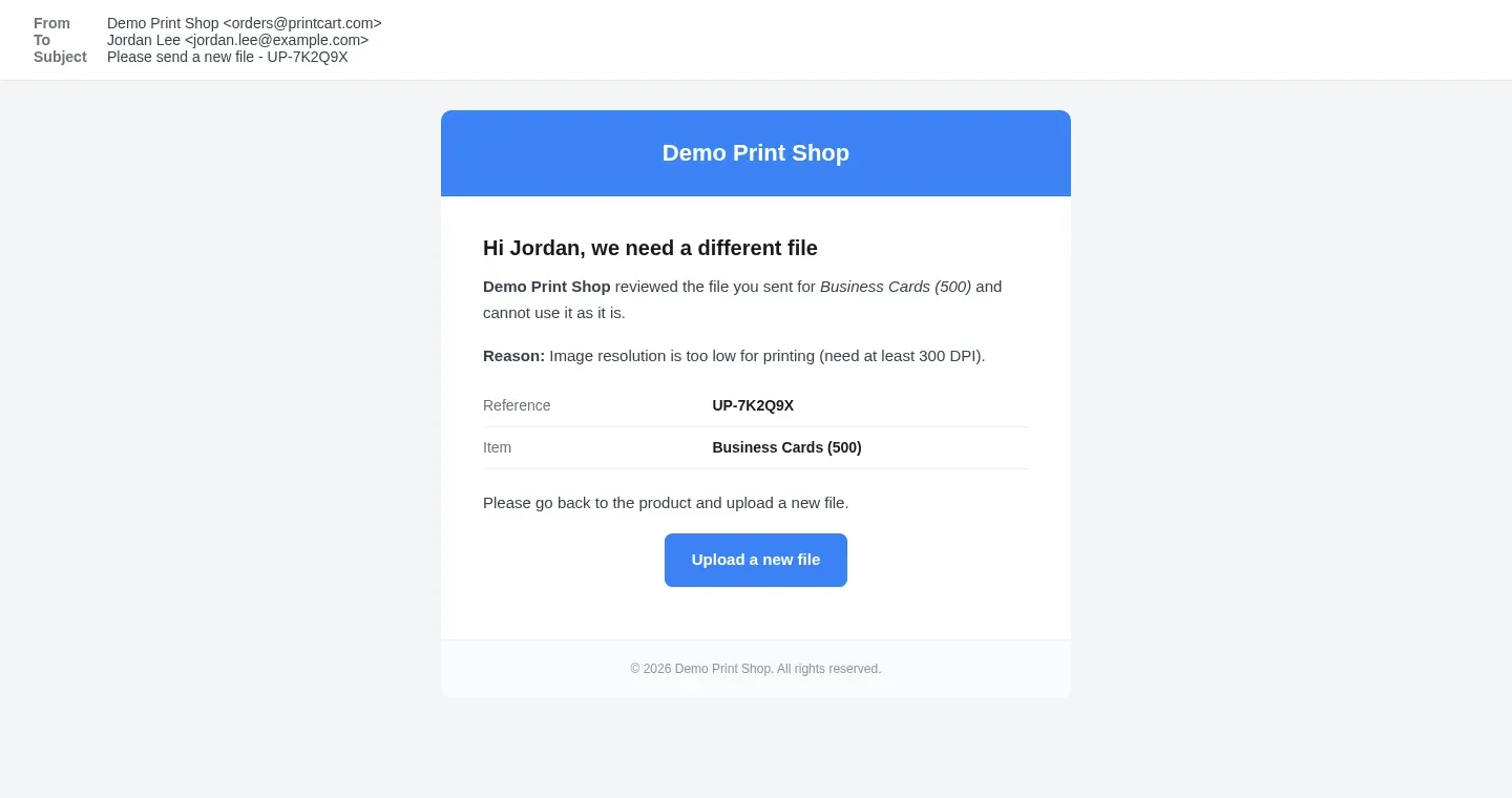 The email a buyer receives when a file is declined, with the reason and an Upload a new file button