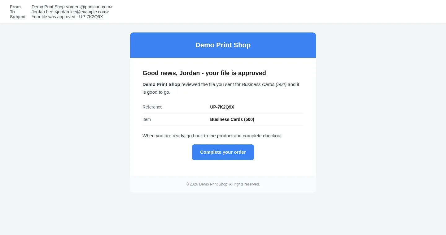The email a buyer receives when a file is approved, with a Complete your order button