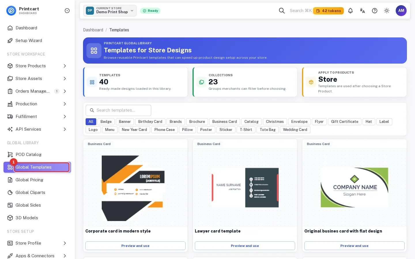 Templates for Store Designs page with Global Templates highlighted in the Global Library menu