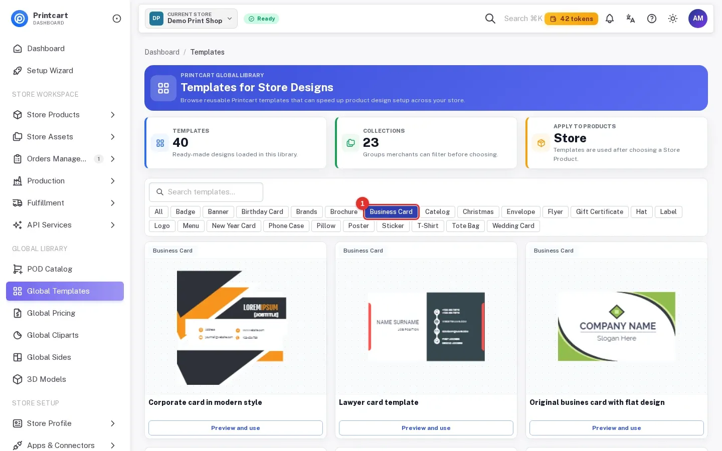 Templates list filtered by the Business Card collection chip