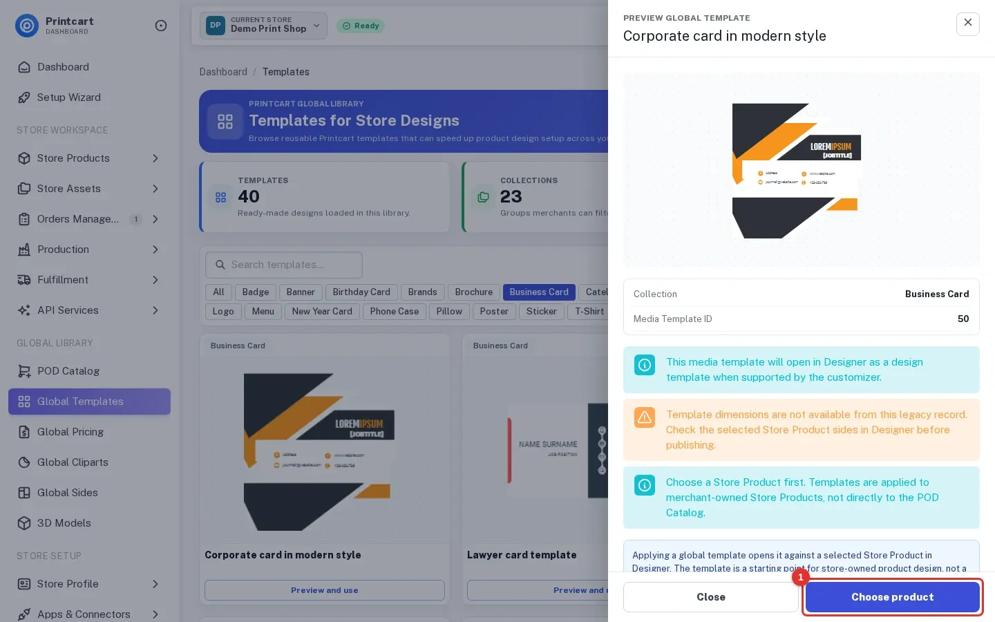 Preview global template drawer with the Choose product button highlighted