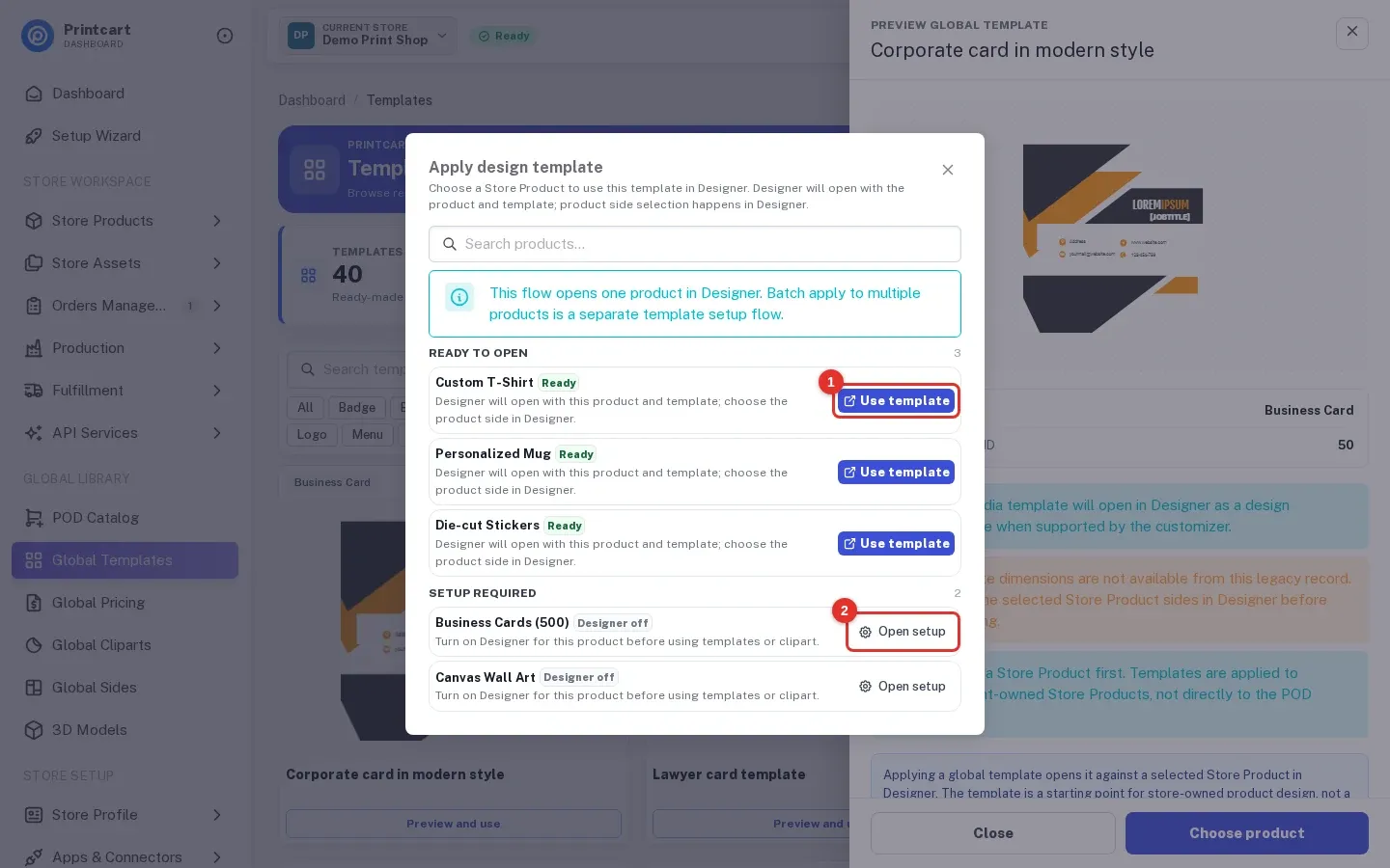 Apply design template dialog listing store products that are ready and products that need Designer turned on