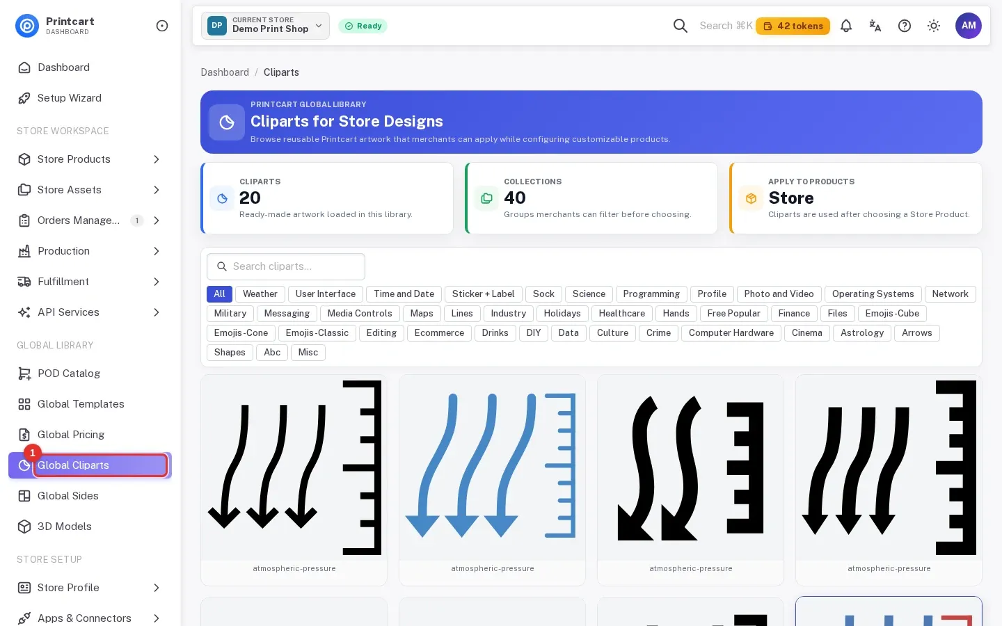 Cliparts for Store Designs page with Global Cliparts highlighted in the Global Library menu