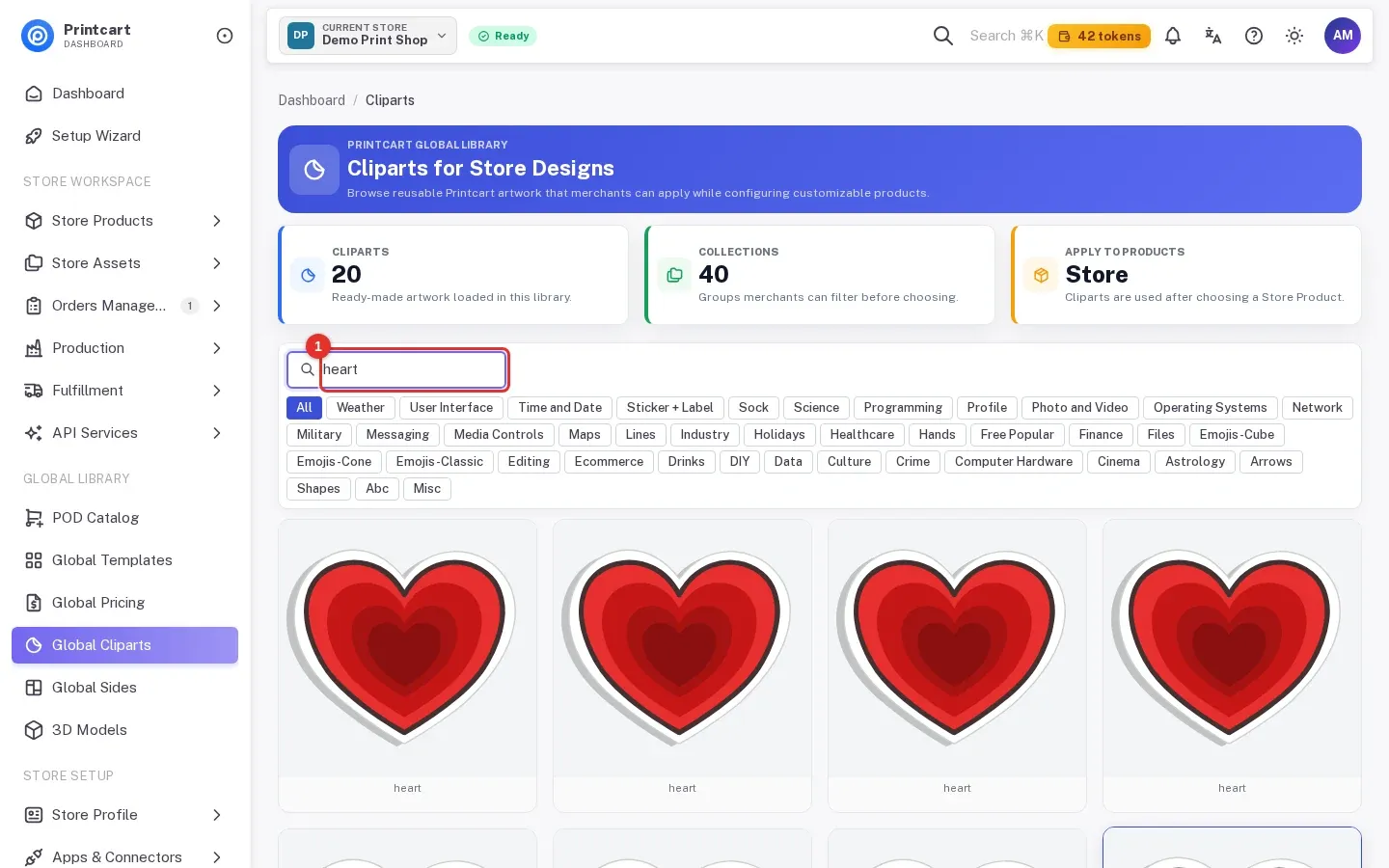 Clipart list filtered by the search word heart with the search box highlighted