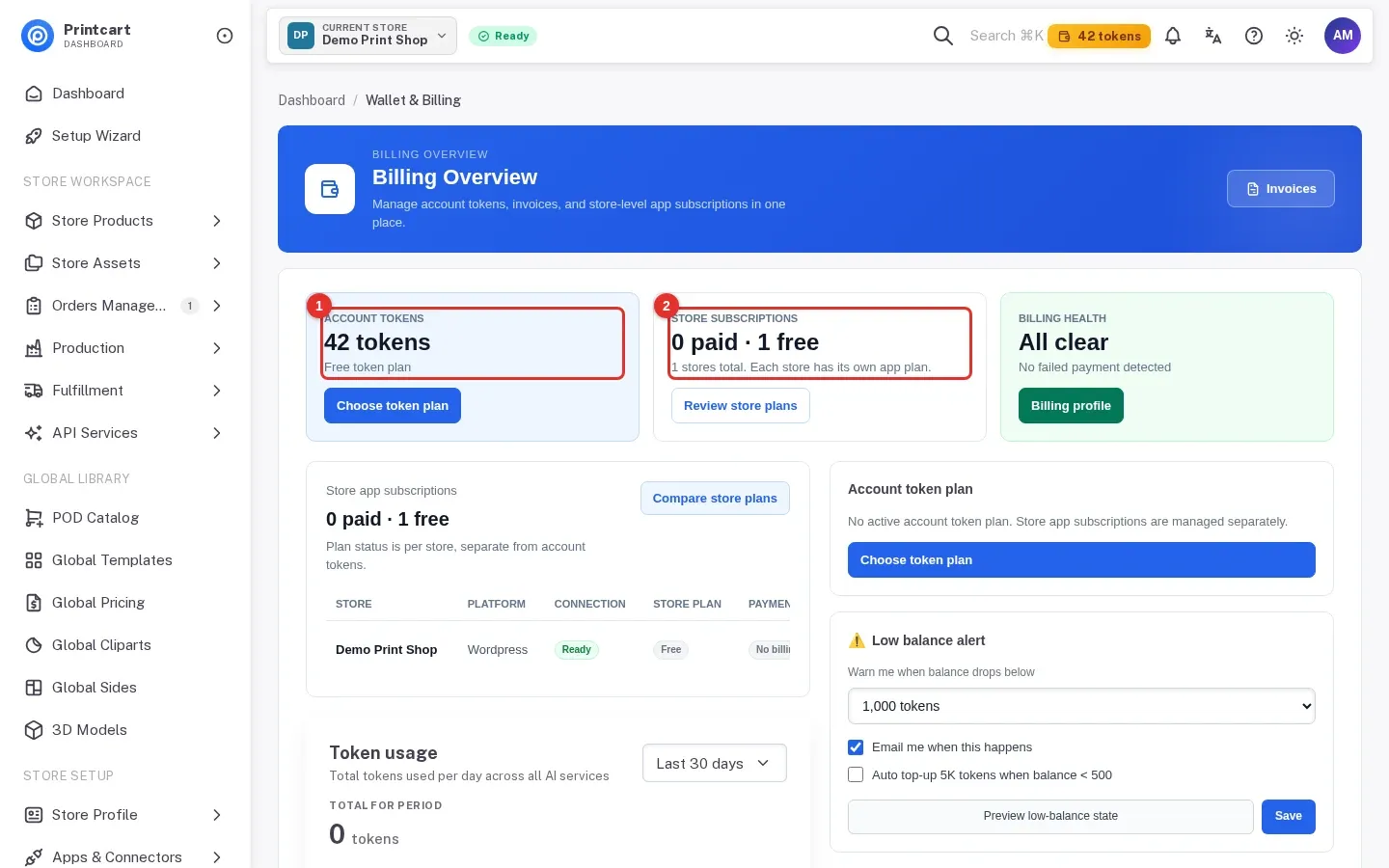 Billing Overview with the Account tokens and Store subscriptions cards highlighted