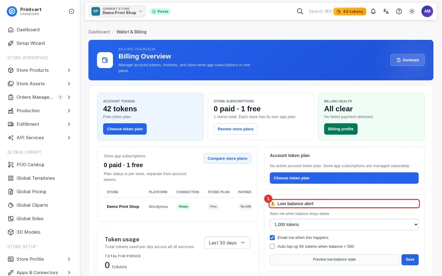 Low balance alert settings highlighted on the Billing Overview page