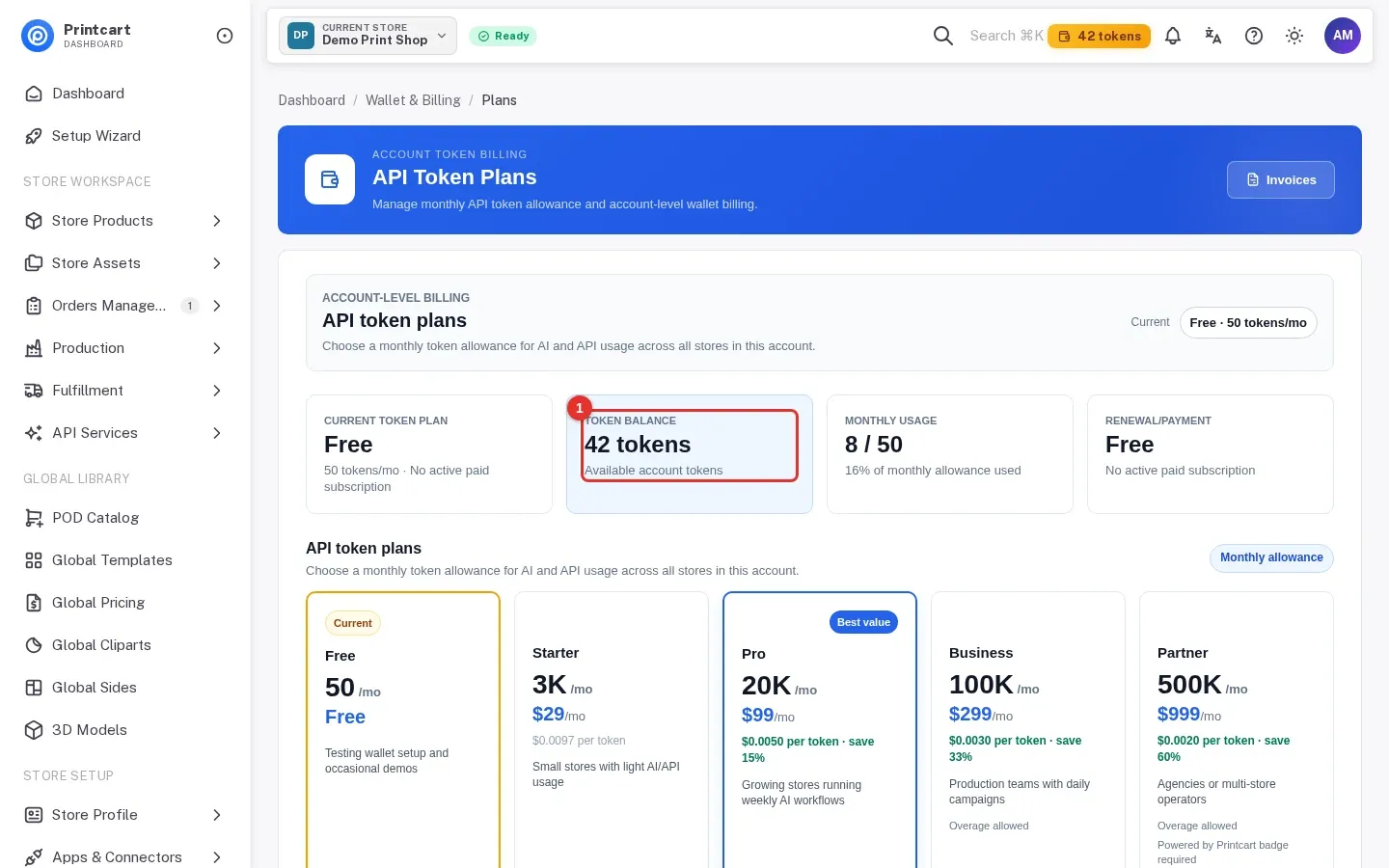 API Token Plans page with the token balance card highlighted