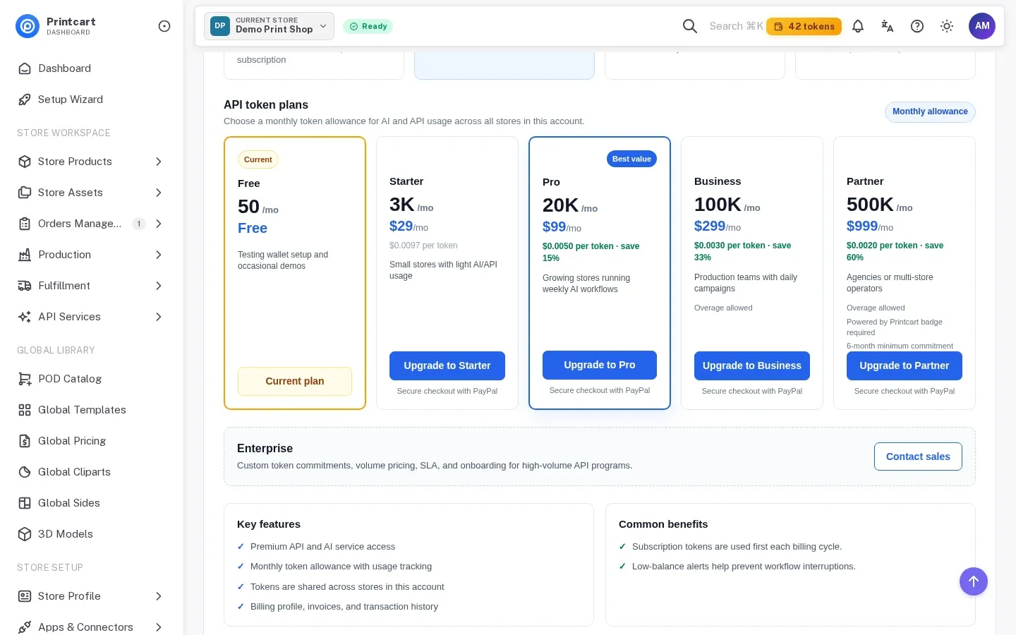 Token plan cards Free, Starter, Pro, Business and Partner with monthly tokens and prices