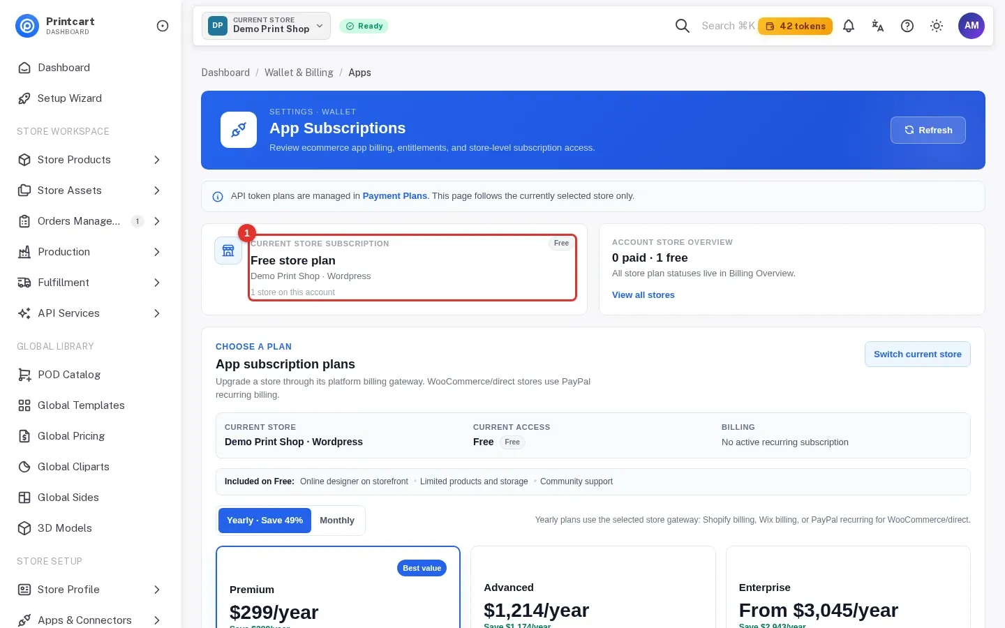App Subscriptions page with the current store subscription highlighted as Free store plan