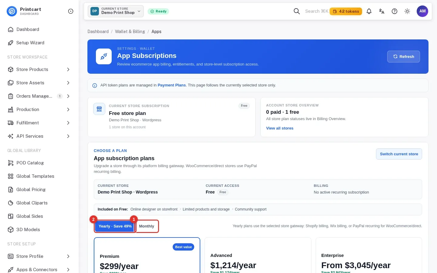 Yearly and Monthly billing switch highlighted above the app subscription plans