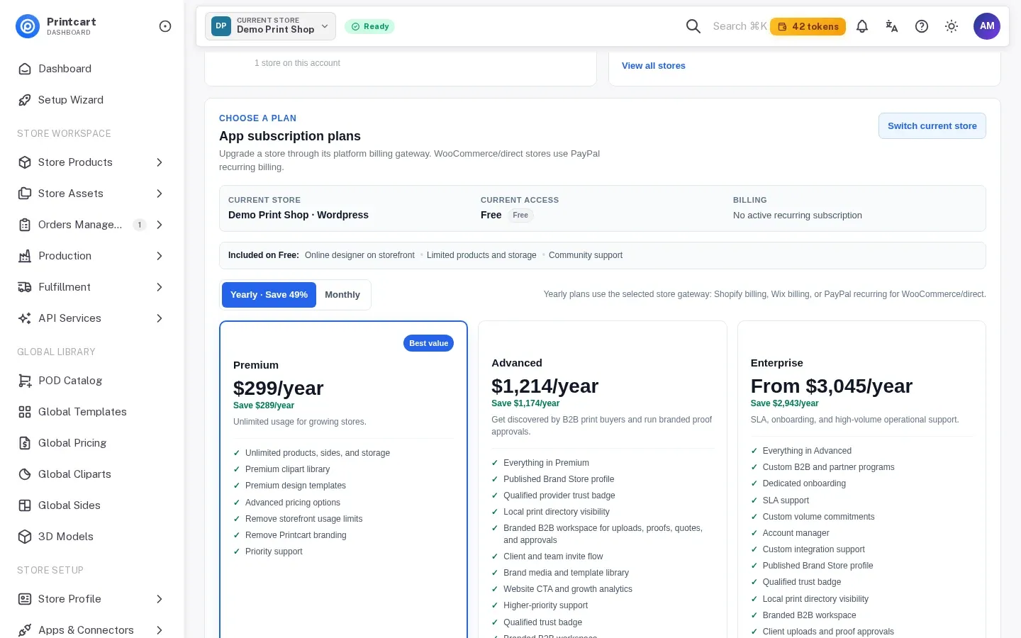App subscription plan cards Premium, Advanced and Enterprise with yearly prices and feature lists